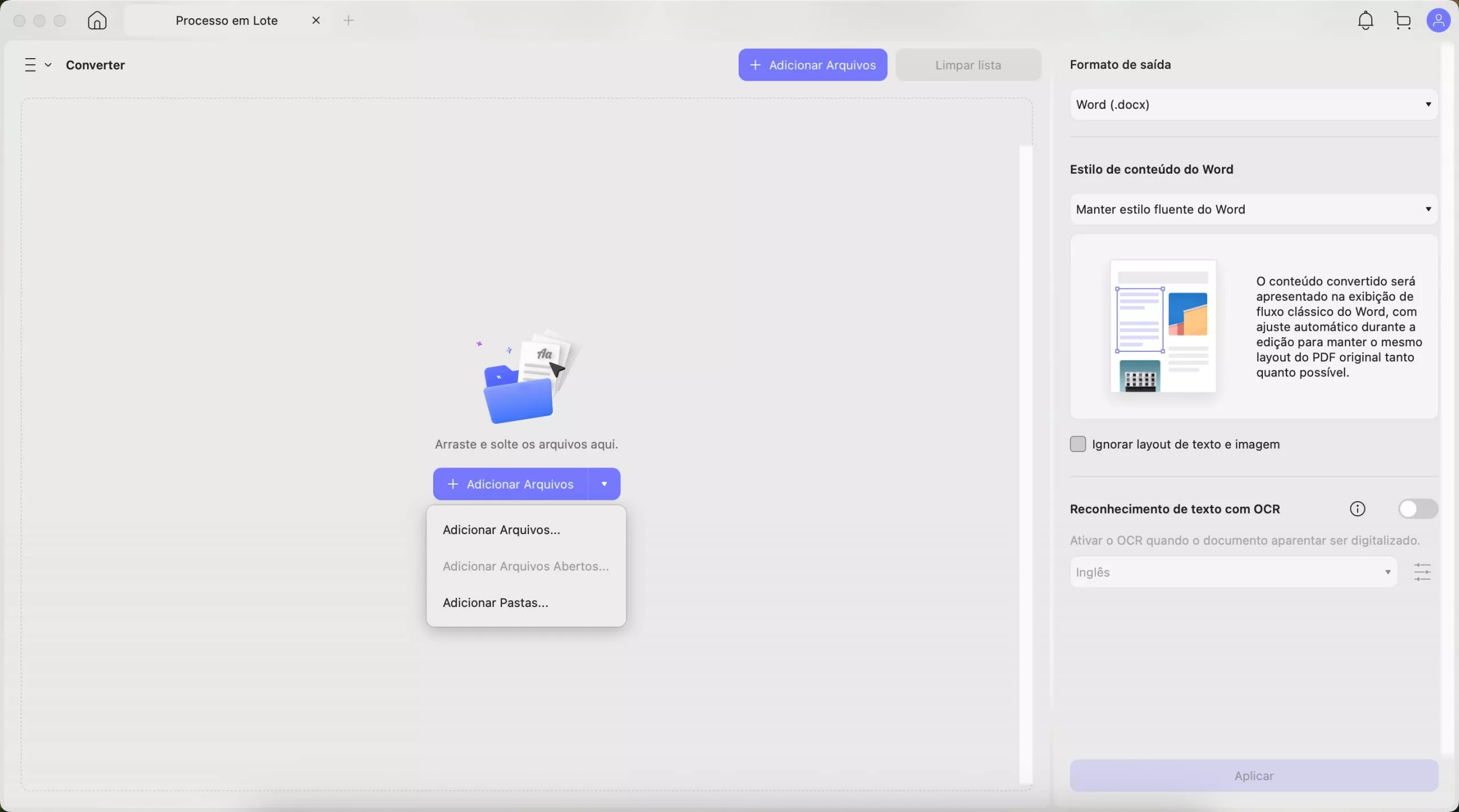adicionar arquivos e converter arquivos pdf para word