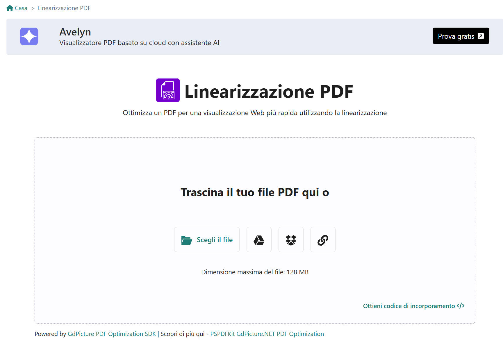 Linearizzazione PDF online con AvePDF