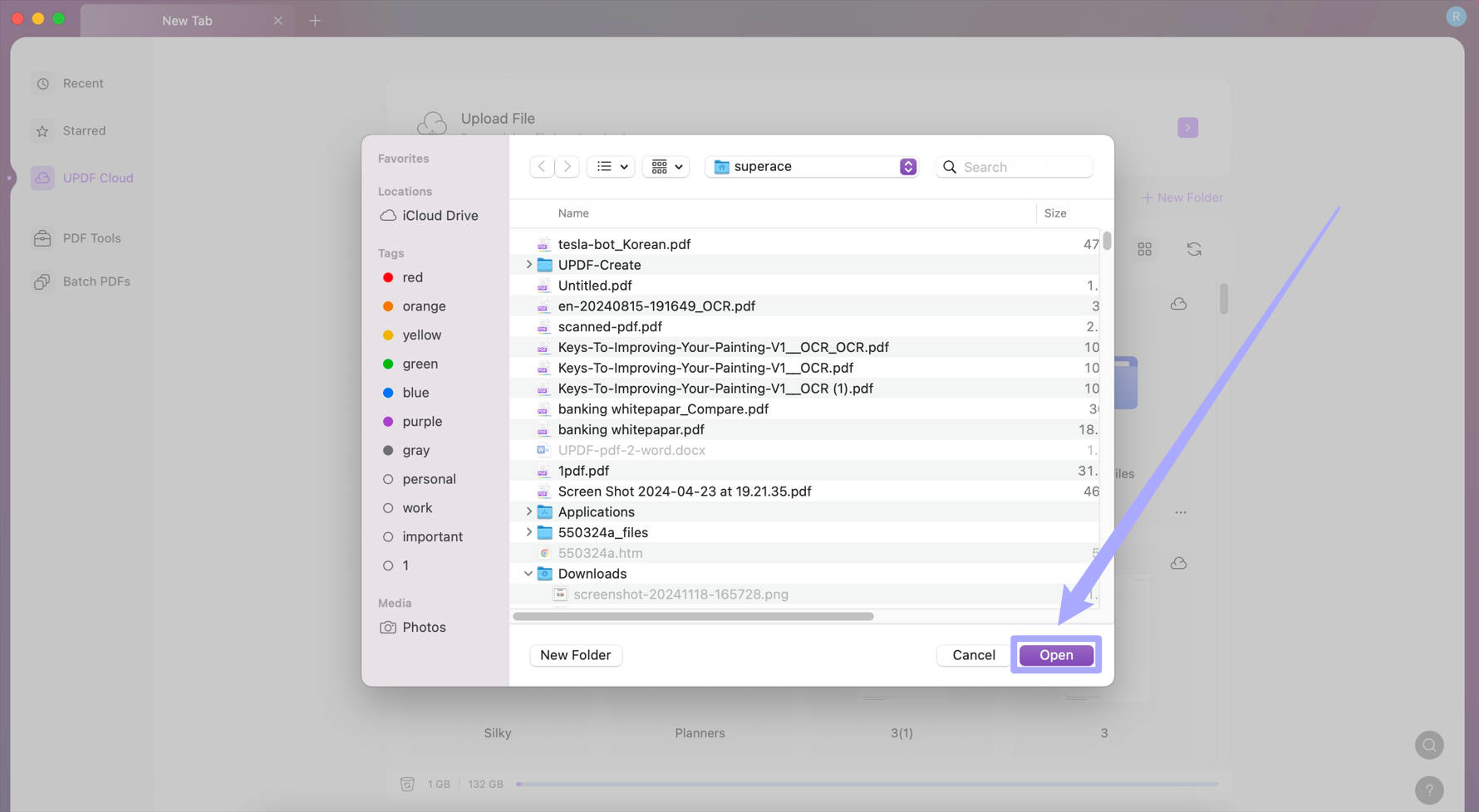 Browse files to upload to UPDF Cloud on Mac