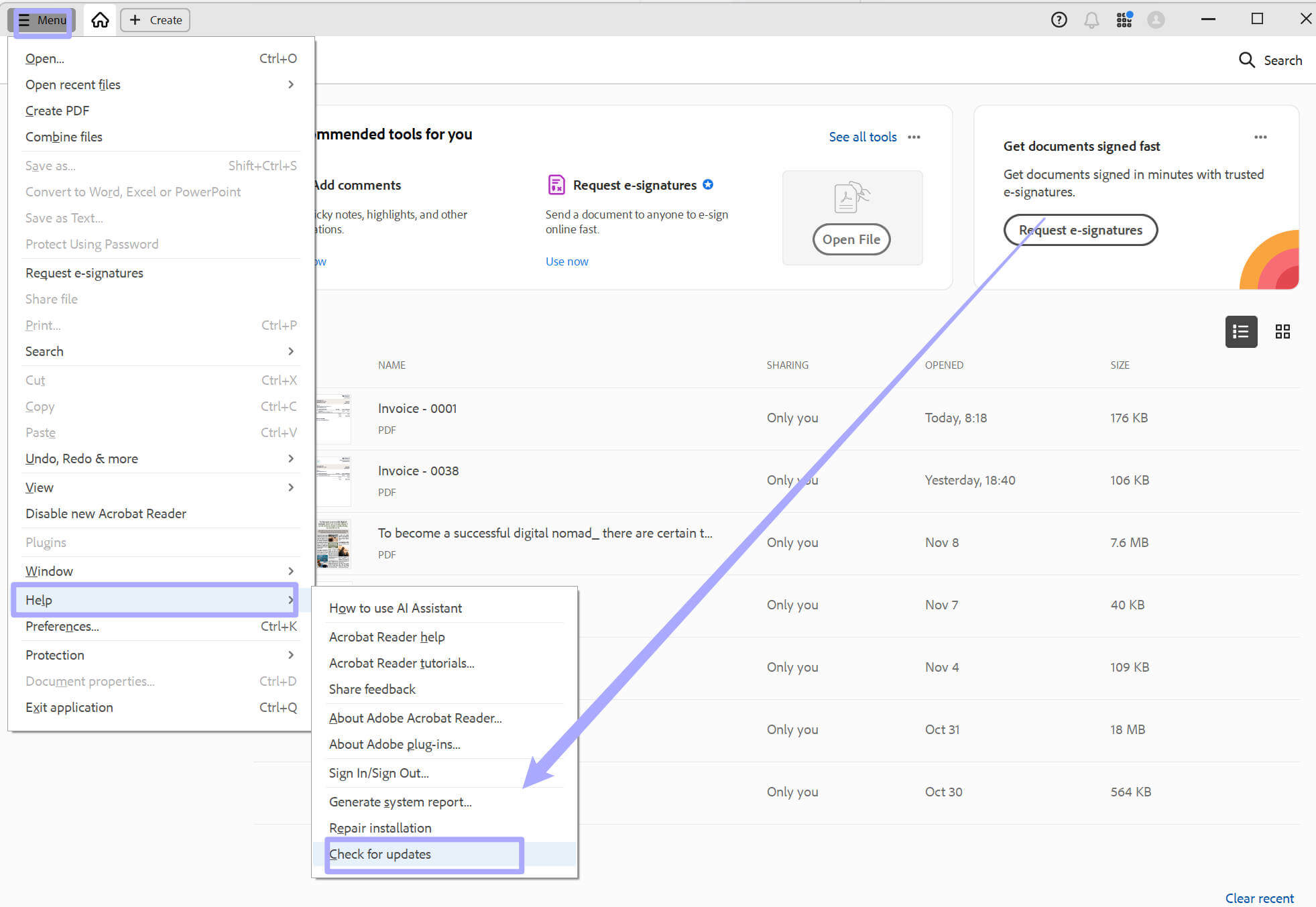 check for updates in adobe acrobat