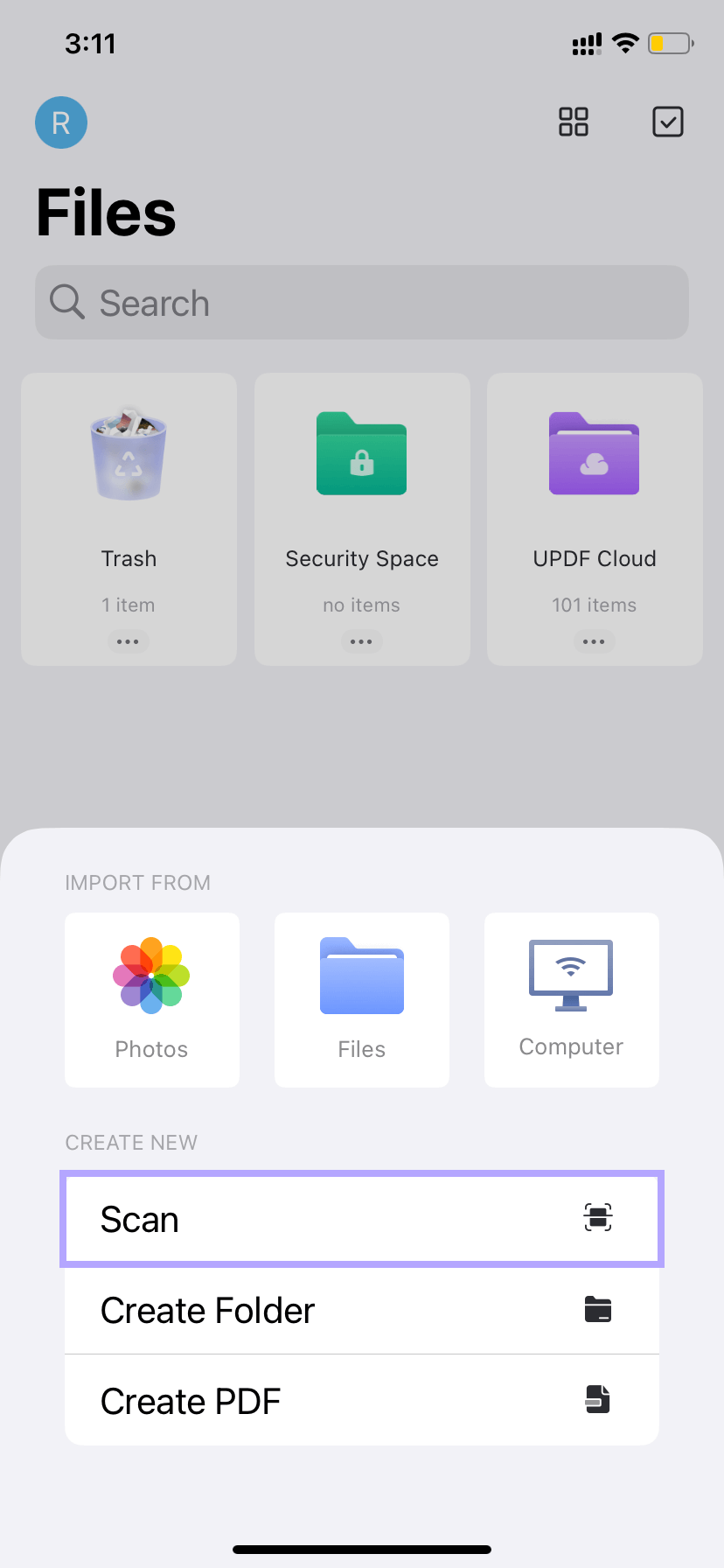 click the scan button in updf for ios