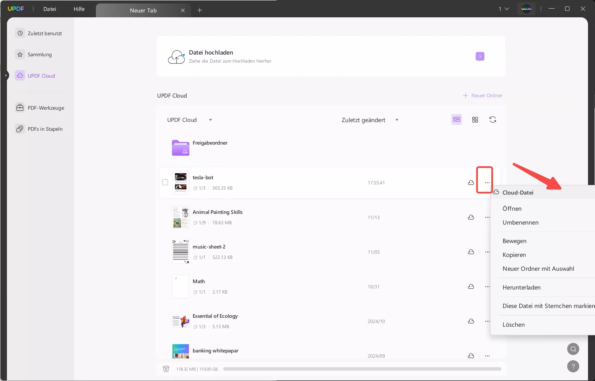 Klicken Sie auf die drei Punkte, um PDFs in der UPDF-Cloud zu organisieren