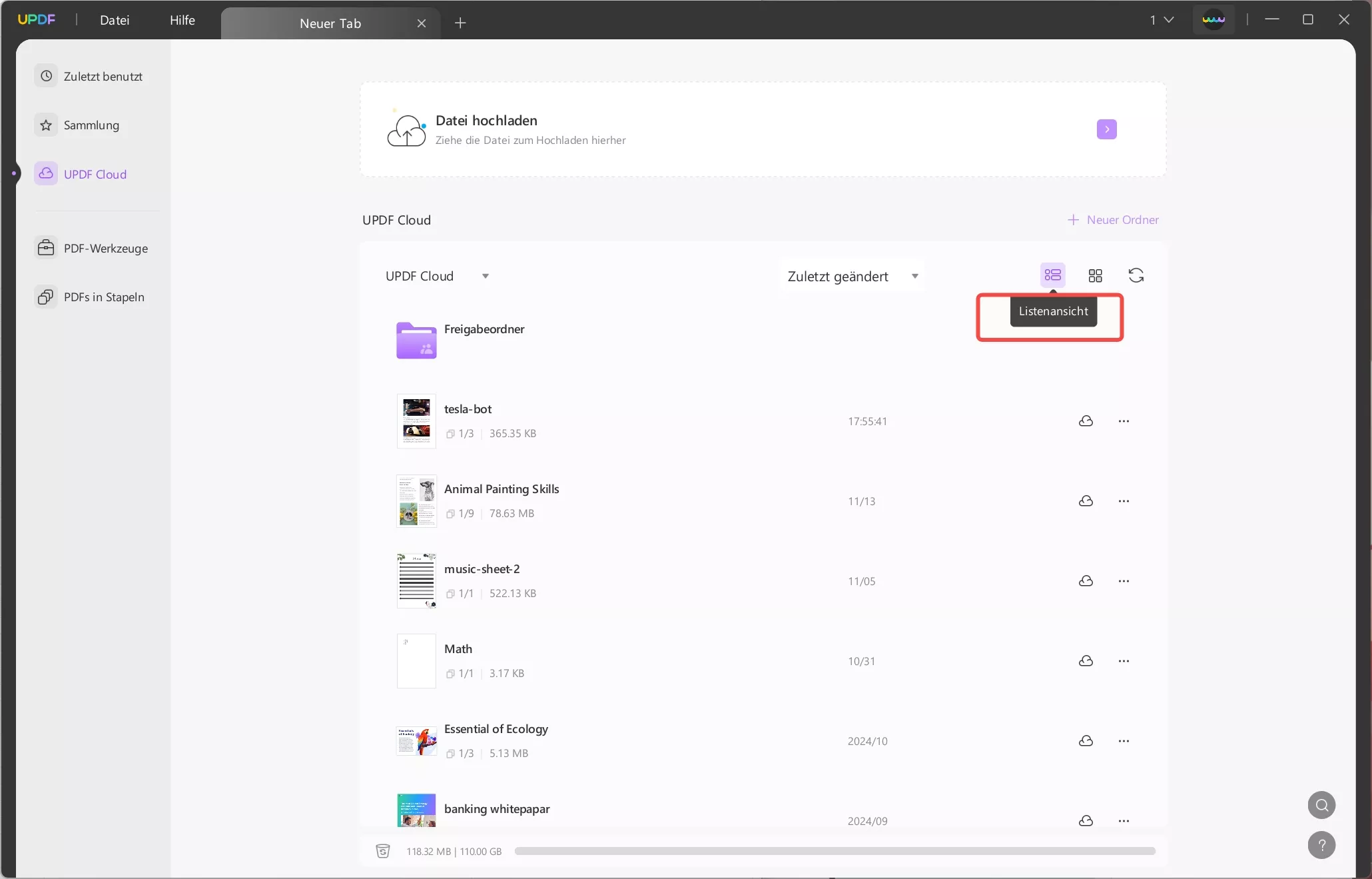 Listen- und Miniaturansicht in der UPDF-Cloud