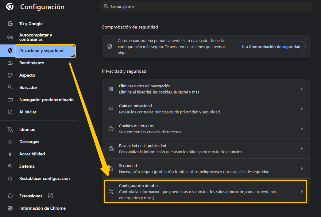 configuracion de sitios