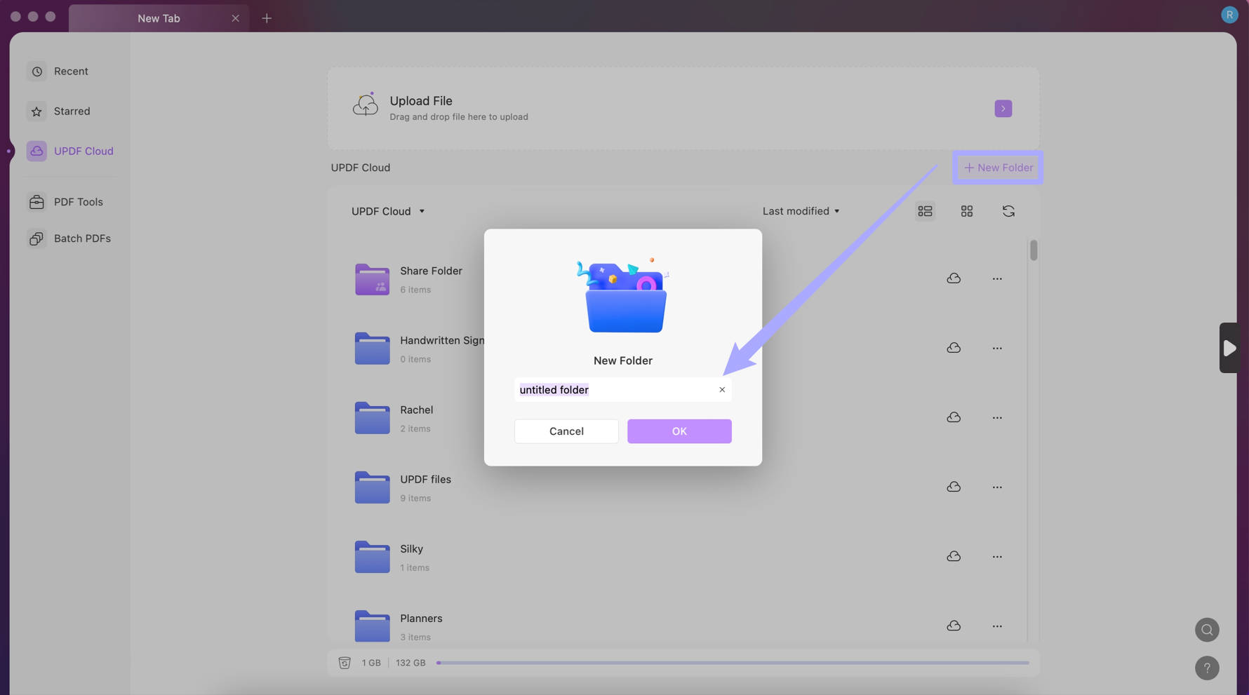 Create new folder on UPDF Cloud Mac