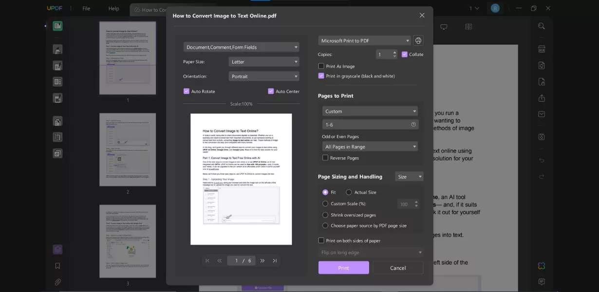 customize settings for printing pdf with updf