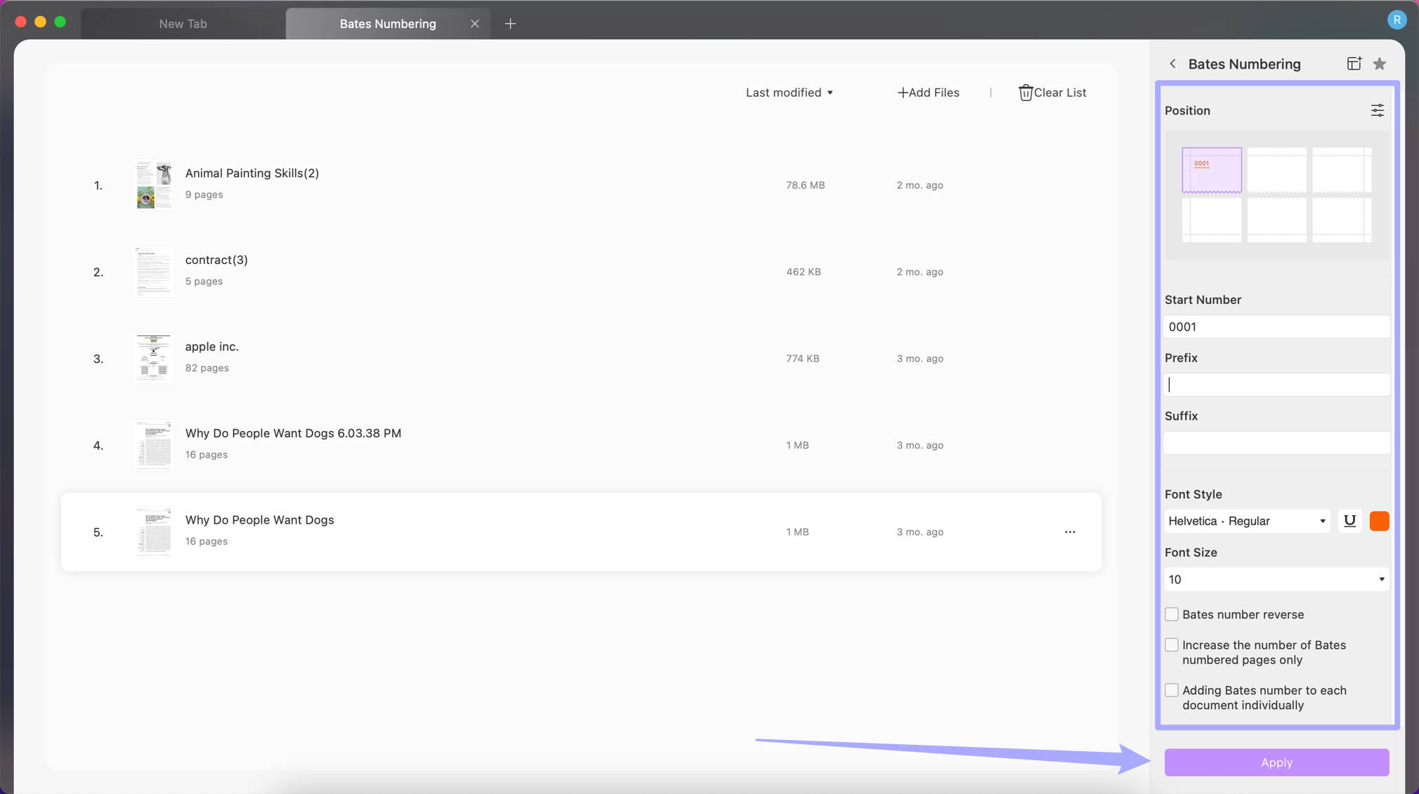 customize settings to add bates numbering to PDF files with UPDF on Mac