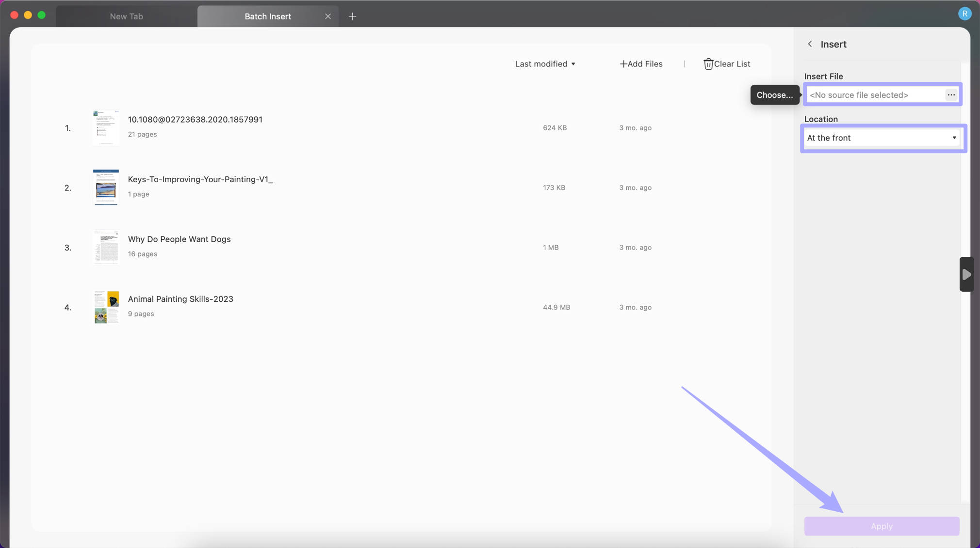 Customize the settings to batch insert file in UPDF on Mac