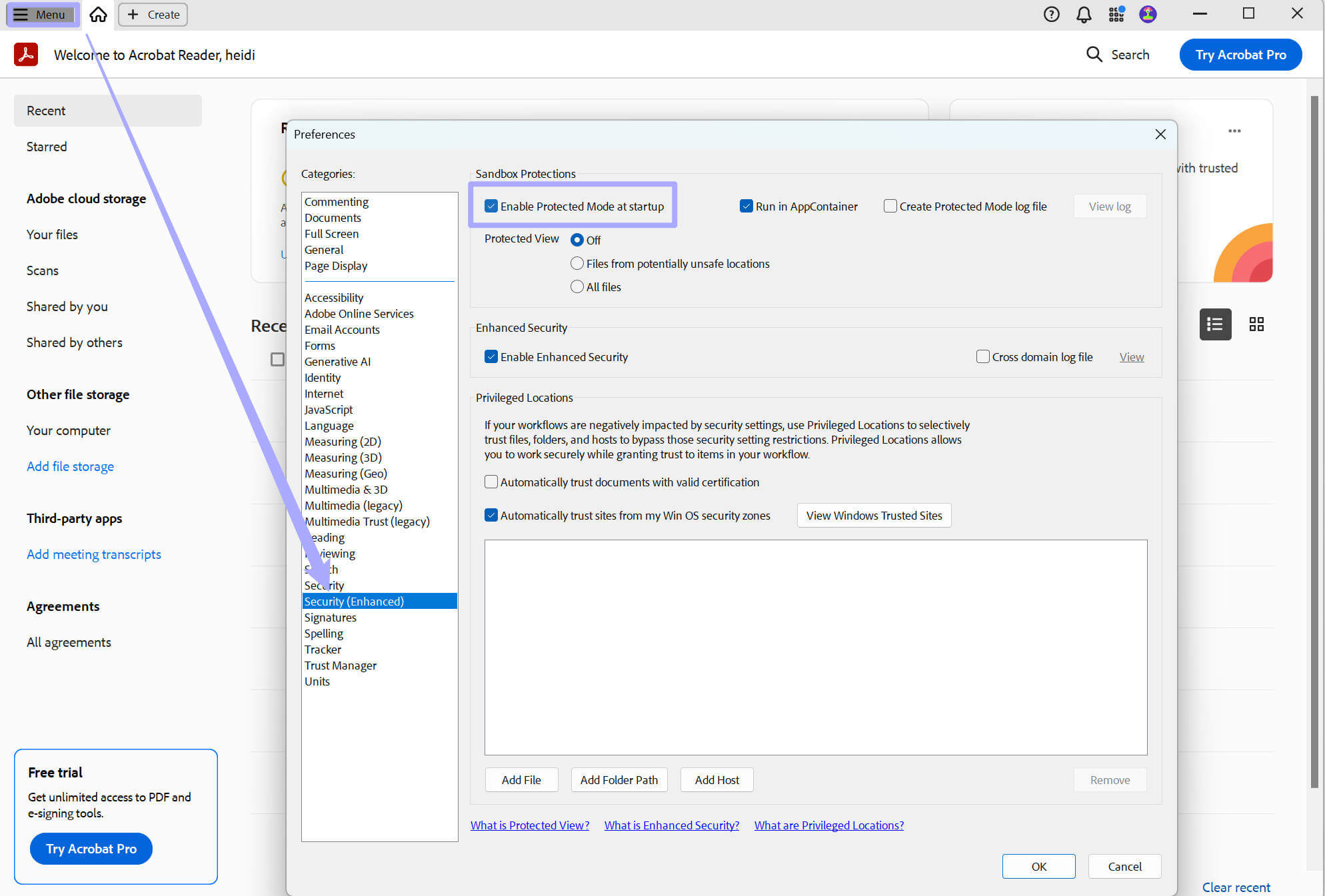 Deaktivieren Sie den geschützten Modus beim Start von Adobe