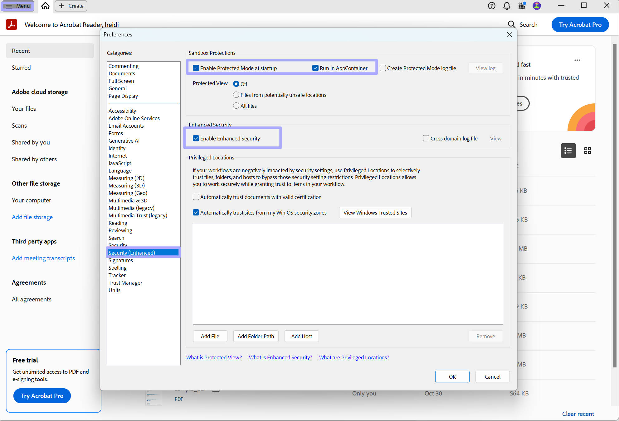 disable security settings in adobe