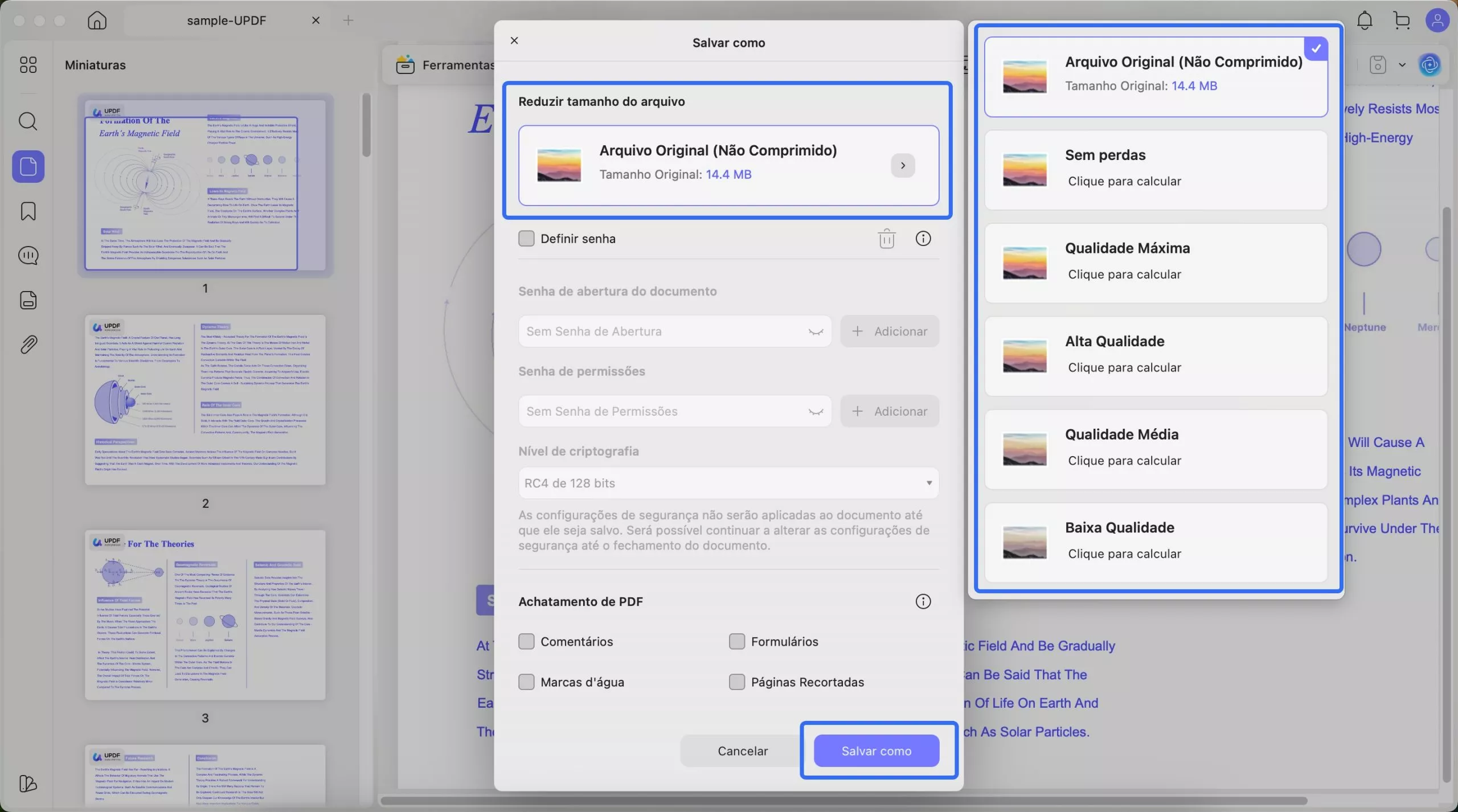 escolher a qualidade desejada ao reduzir o tamanho do arquivo