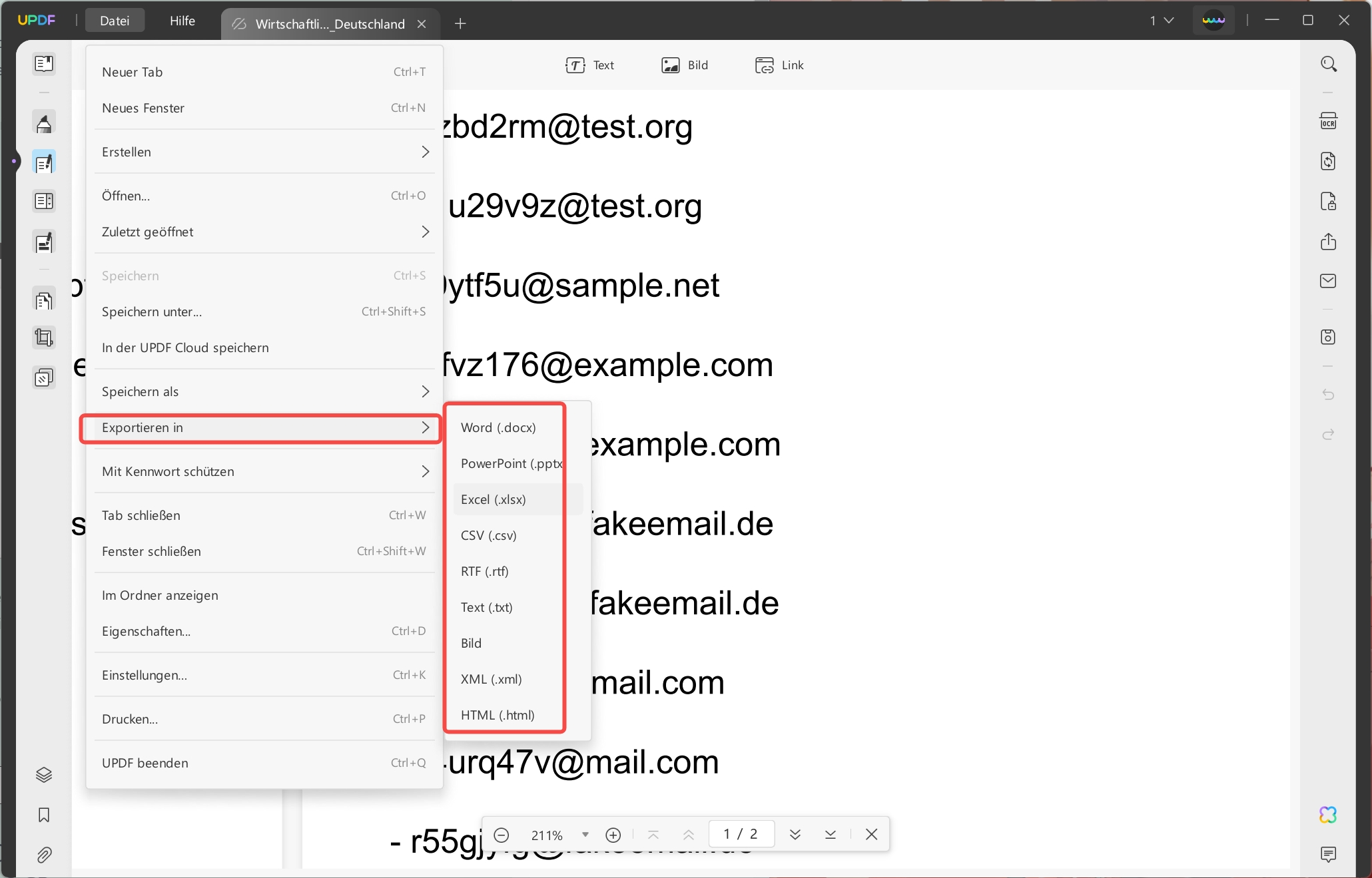PDF nach Excel exportieren, um E-Mails aus PDF mit UPDF zu extrahieren