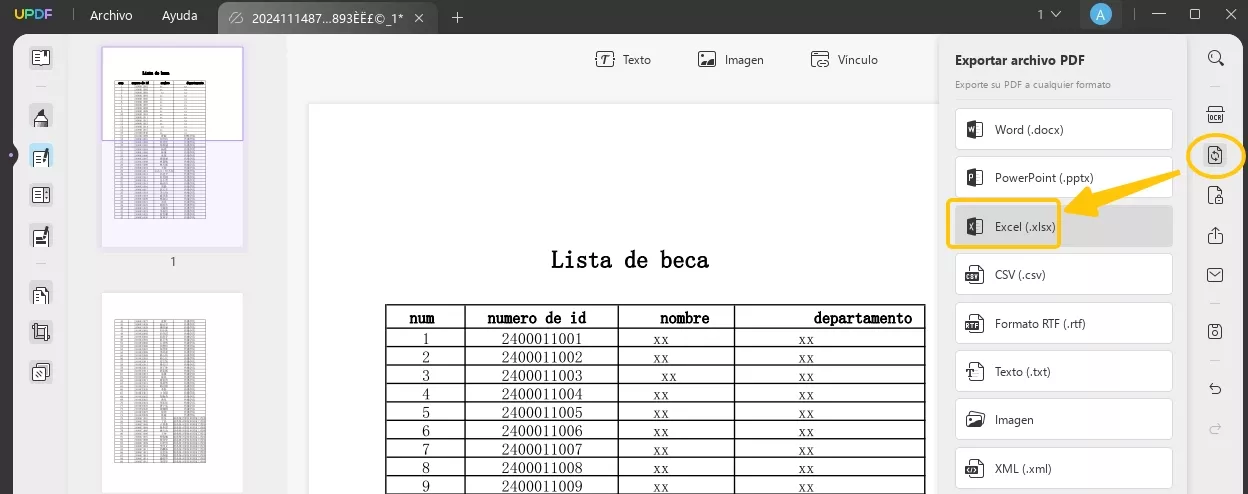 exportar archivo pdf como excel