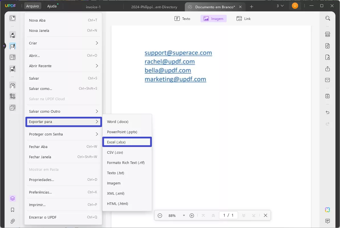 exportar pdf para excel para extrair e-mails de PDF com UPDF