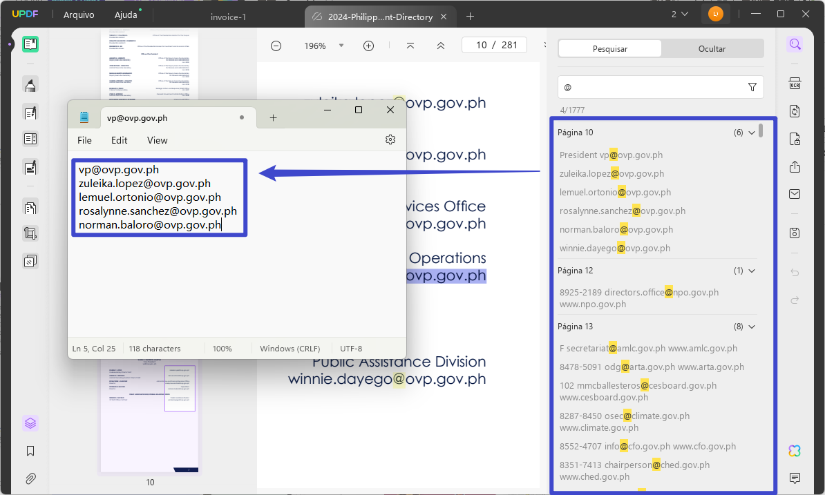 copie e cole para extrair e-mails de PDF com UPDF