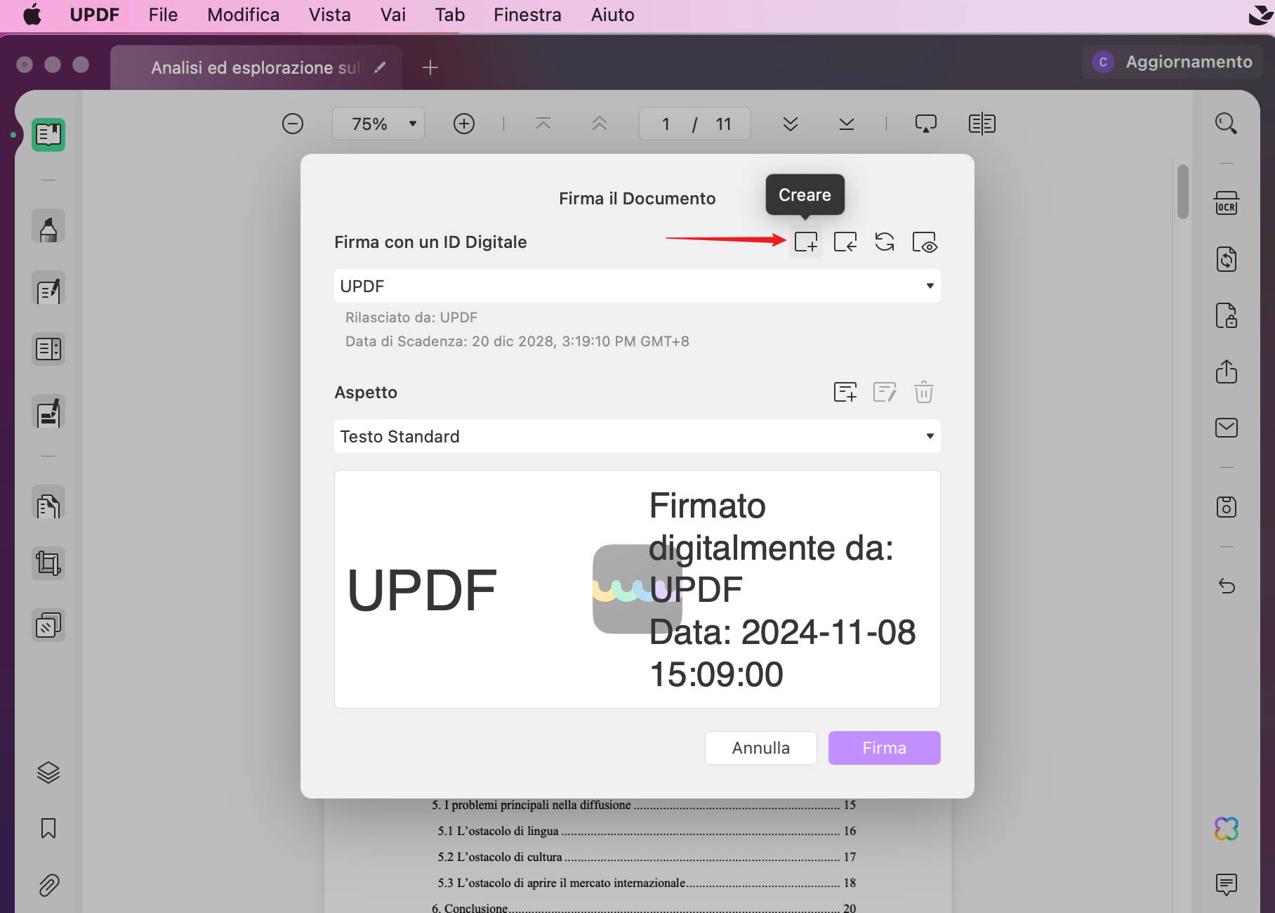 Aggiungere una firma digitale su PDF per Mac