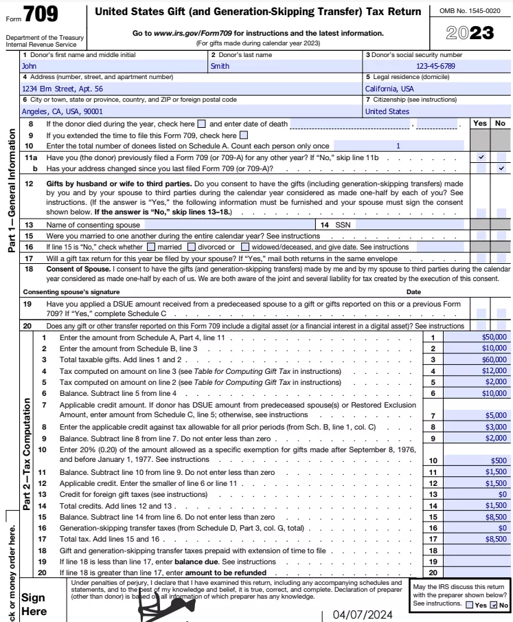 IRS Form 709 Filled Out Example