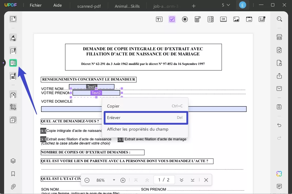 enlever formulaire remplissable pdf