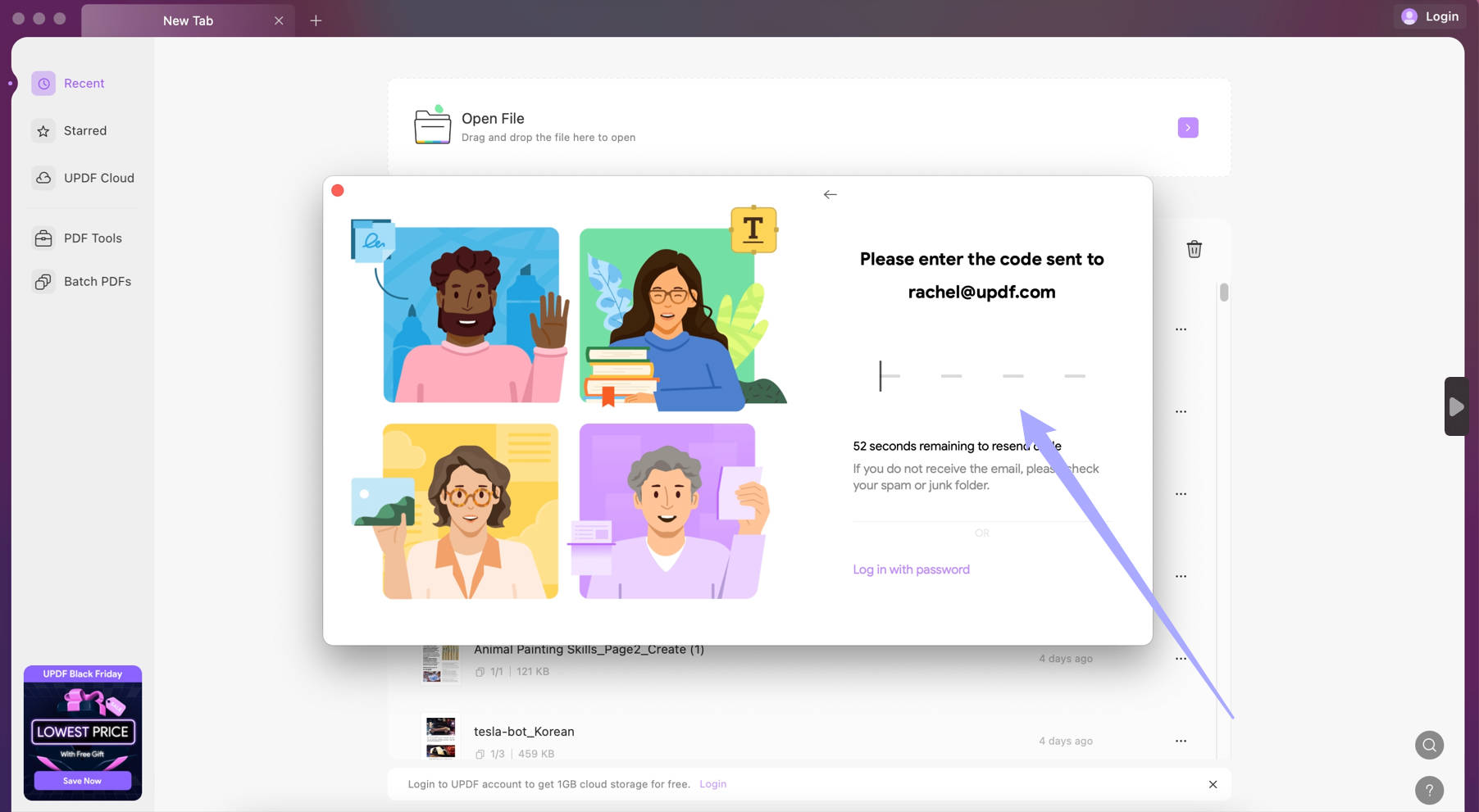 faça login com o código para criar uma conta no UPDF no Mac
