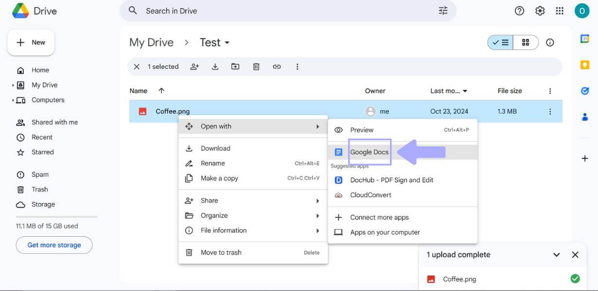 open with google docs to extract text from image google drive