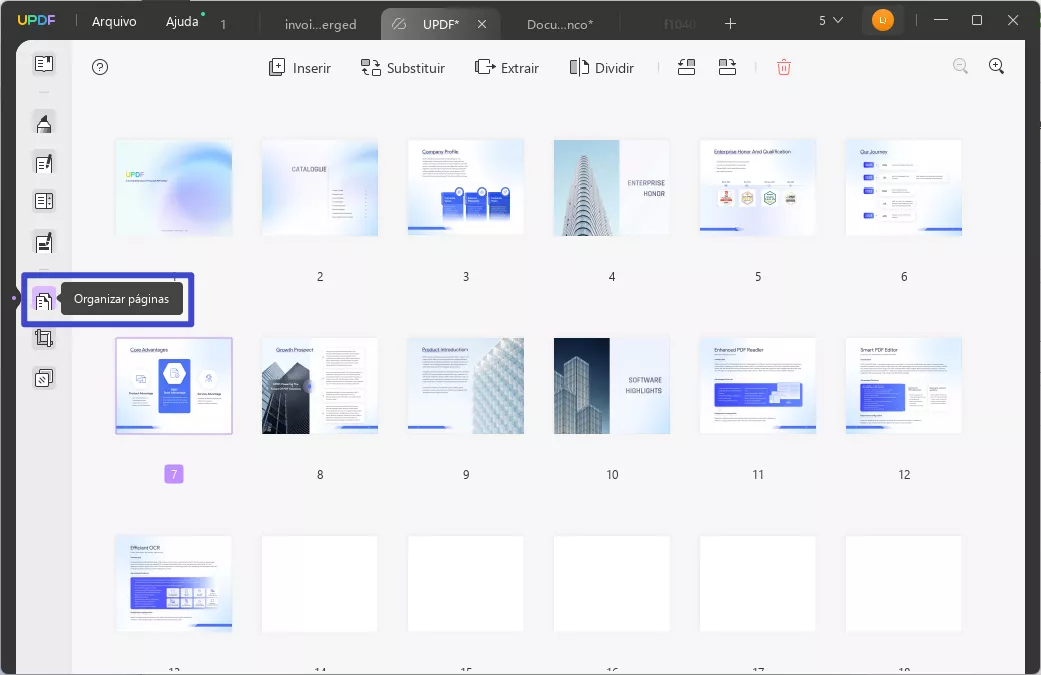 Mostrar miniaturas de PDF em Organizar páginas com updf