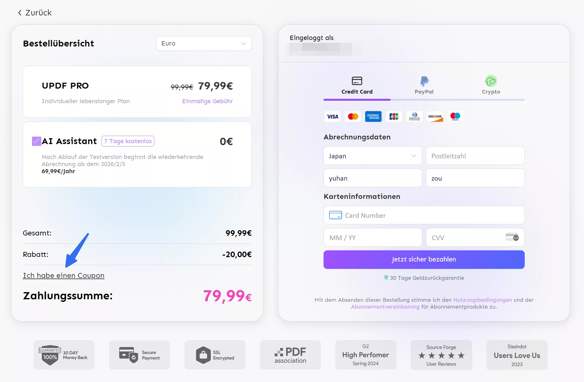 Geben Sie den Gutscheincode ein, um UPDF zu kaufen