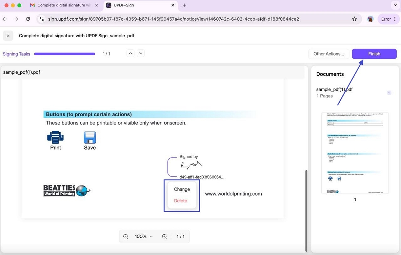 modifier ou supprimer la signature avant de confirmer