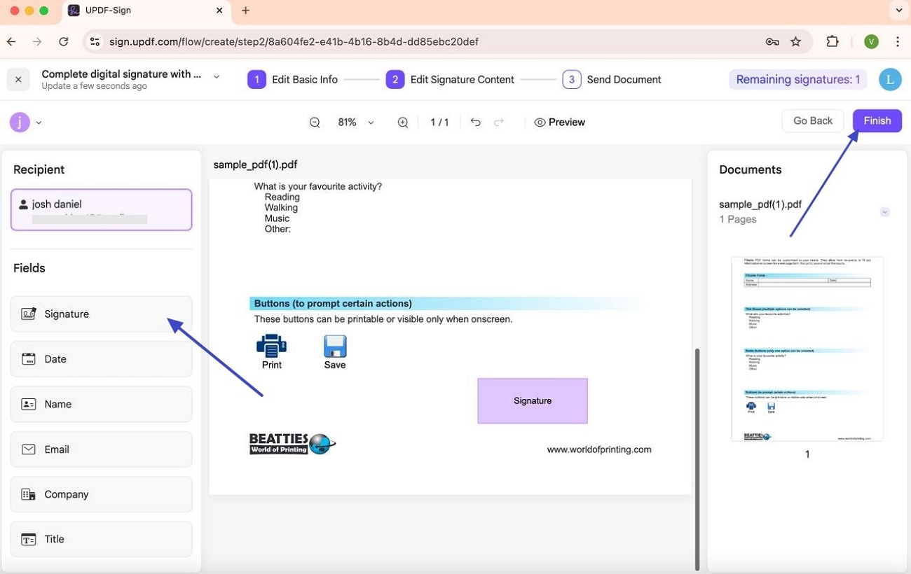 ajouter un emplacement de signature et continuer