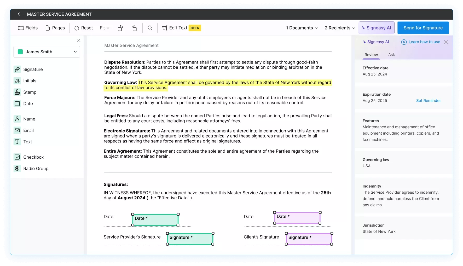 user interface of signeasy tool