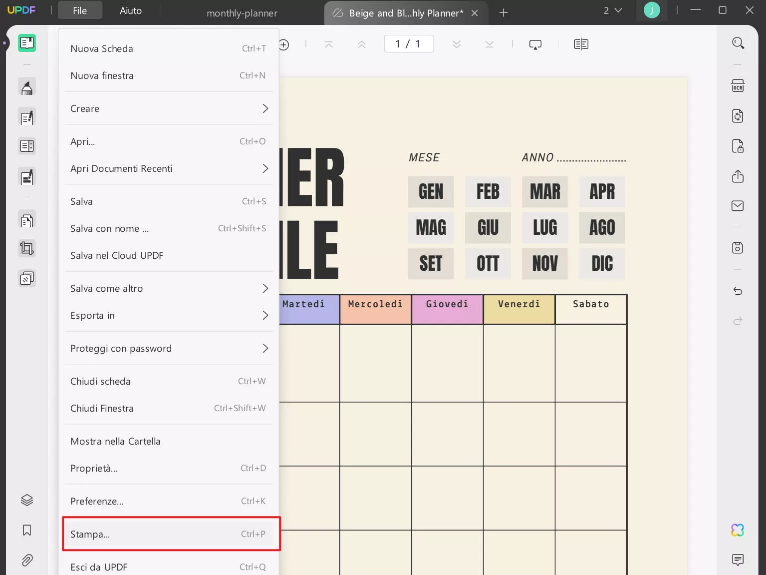 Stampare il modello di planner mensile