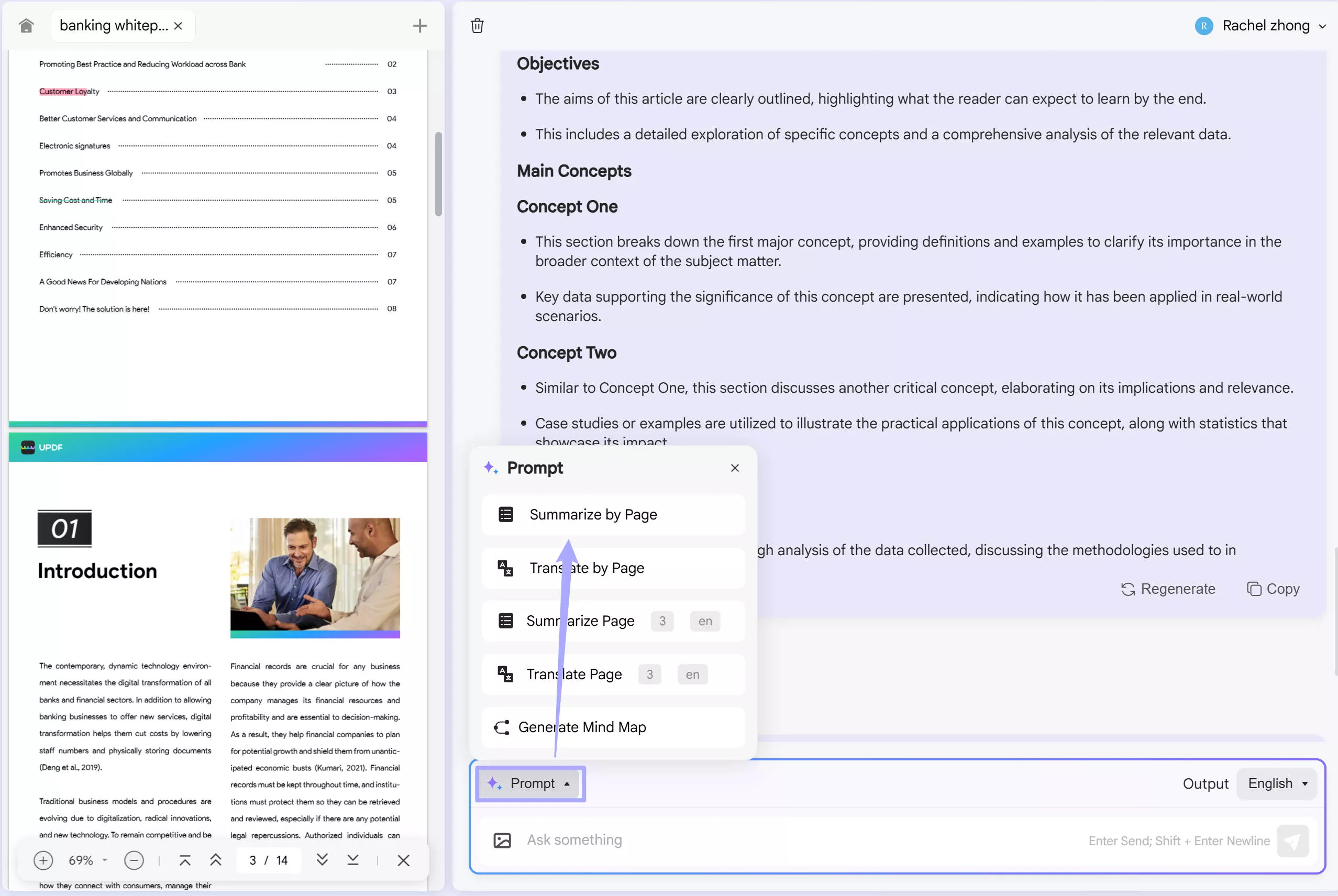 summairze by page with quick prompts in updf ai online