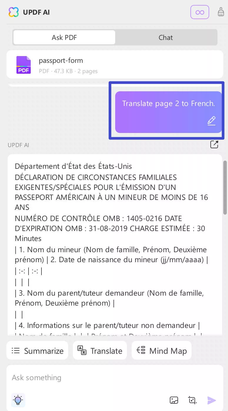 translate PDF English to French using Ask PDF mode