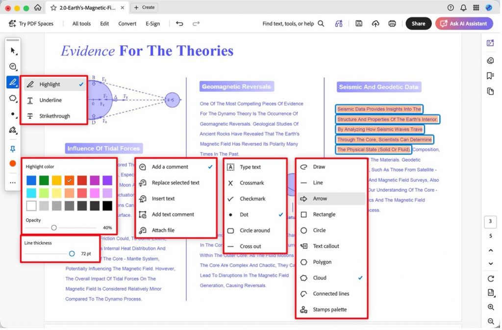 Adobe Acrobatでは、ハイライト、下線、取り消し線、コメント、図形、スタンプなど、レビュー向けの基本的な注釈機能を確認できます。