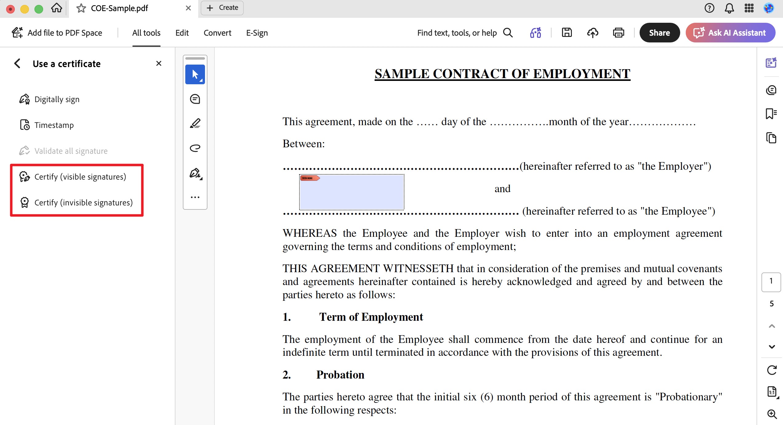 adobe acrobat certify signature