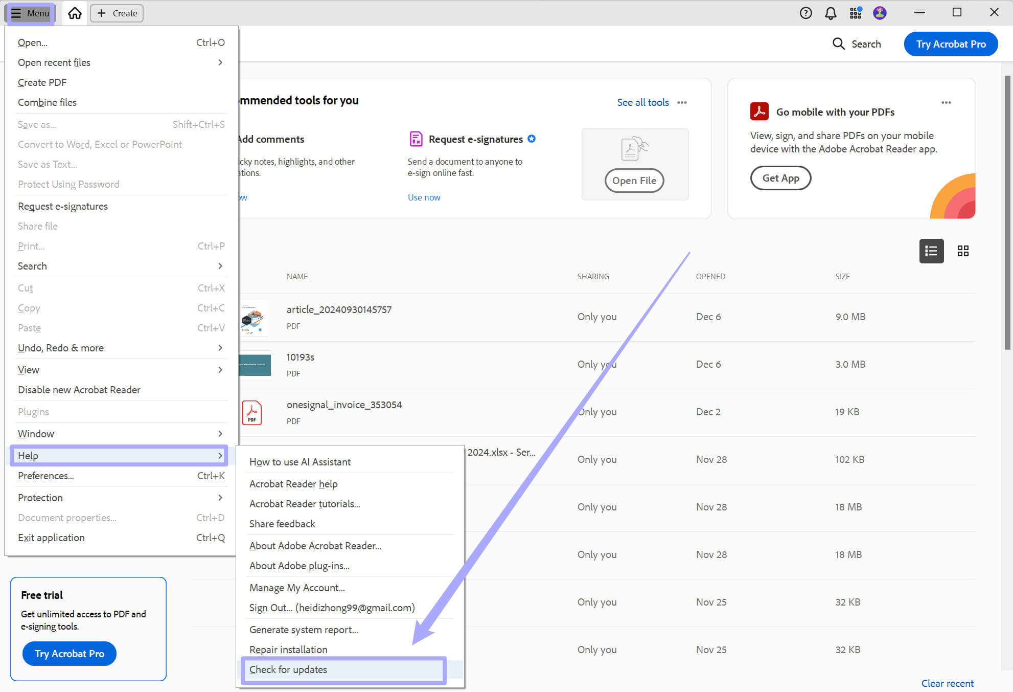 Check for updates with acrobat on Windows