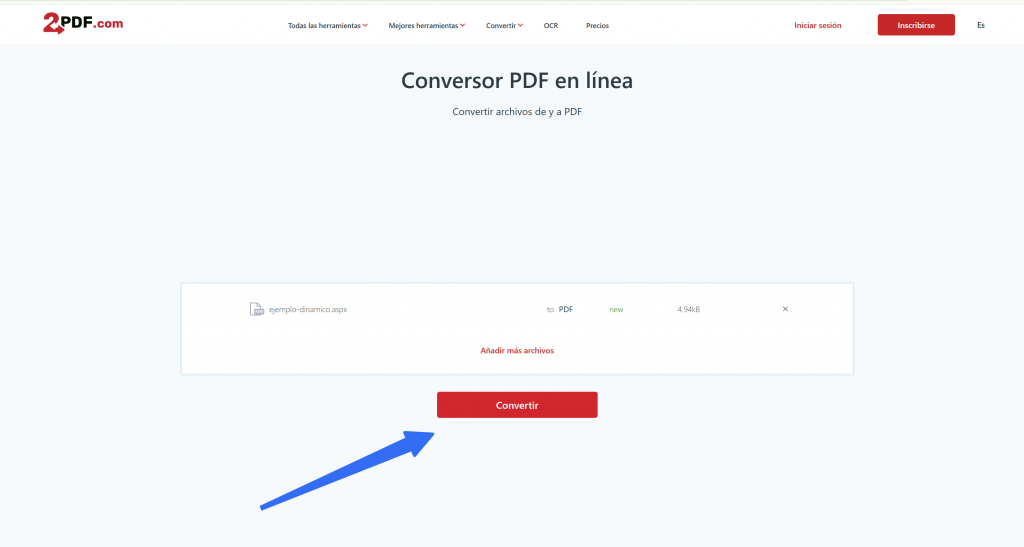 Conversor online de ASPX a PDF con el formato PDF seleccionado