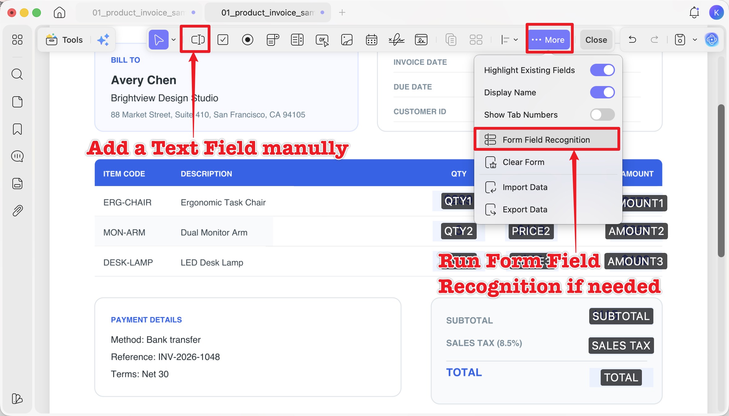 enter form mode to add a text field updf