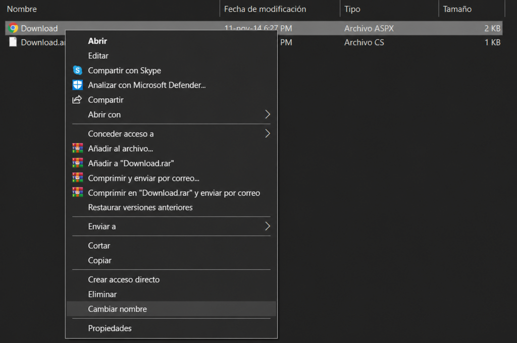 Cambia el nombre del archivo de aspx