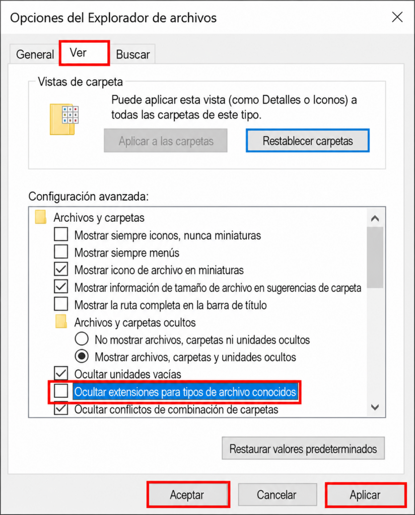 Muestra las extensiones en Windows de archivo