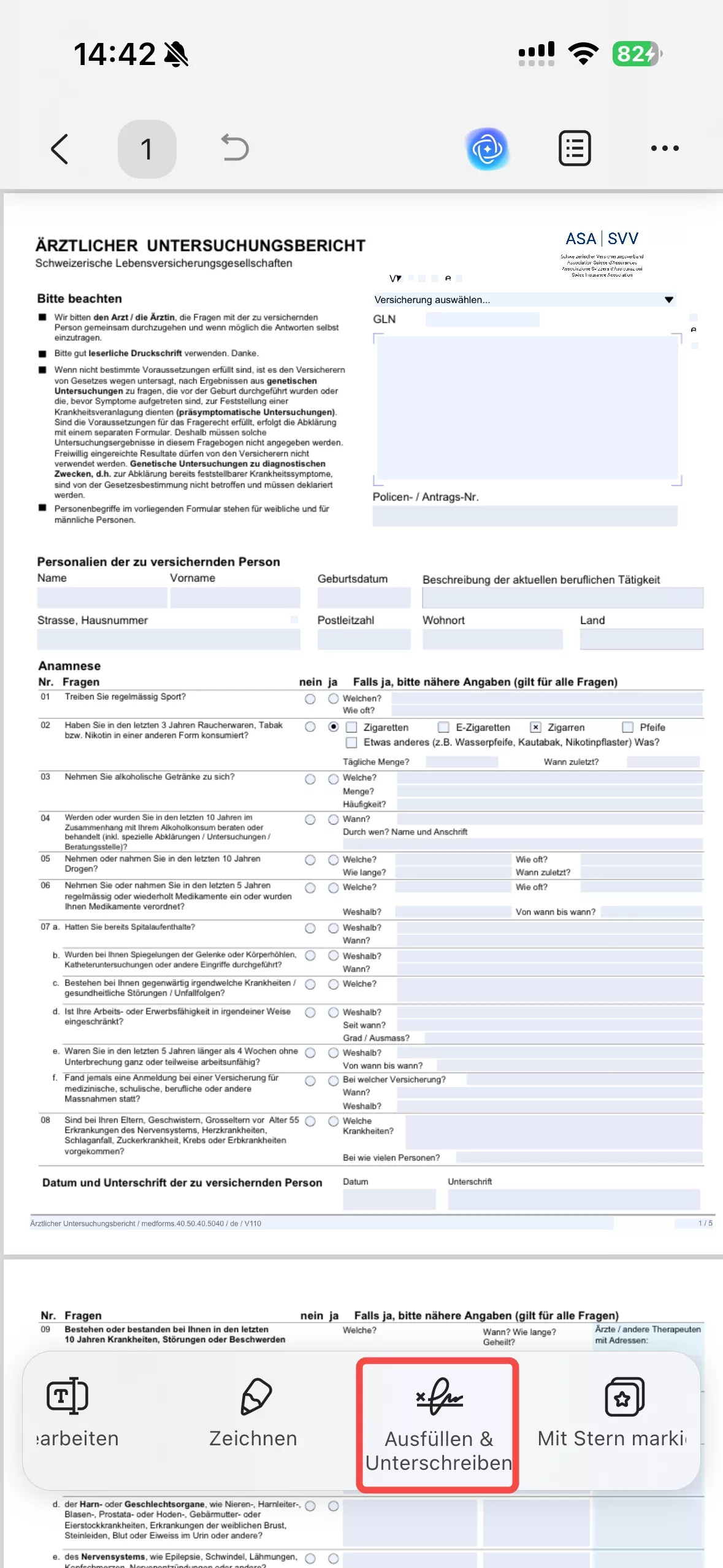 Auf „Ausfüllen und unterschreiben“ tippen