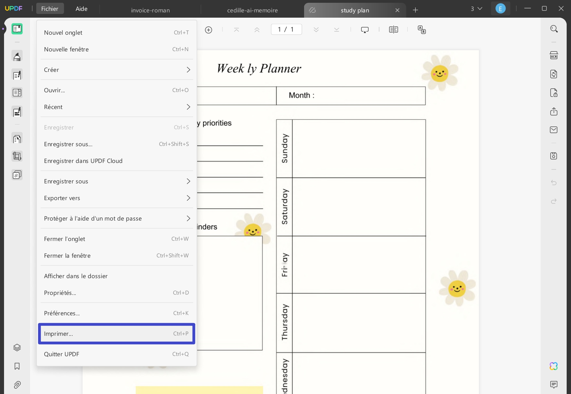 planning semaine à imprimer pdf