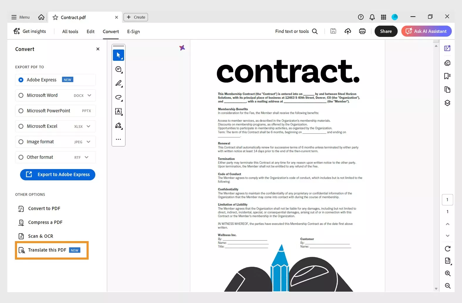 translate pdf adobe express