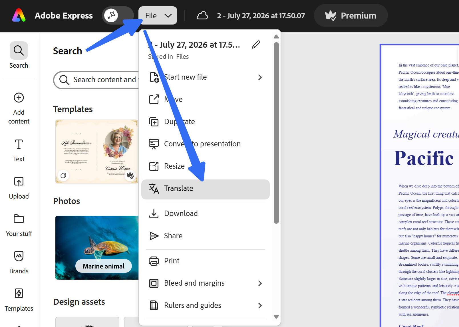 translate pdf on adobe express