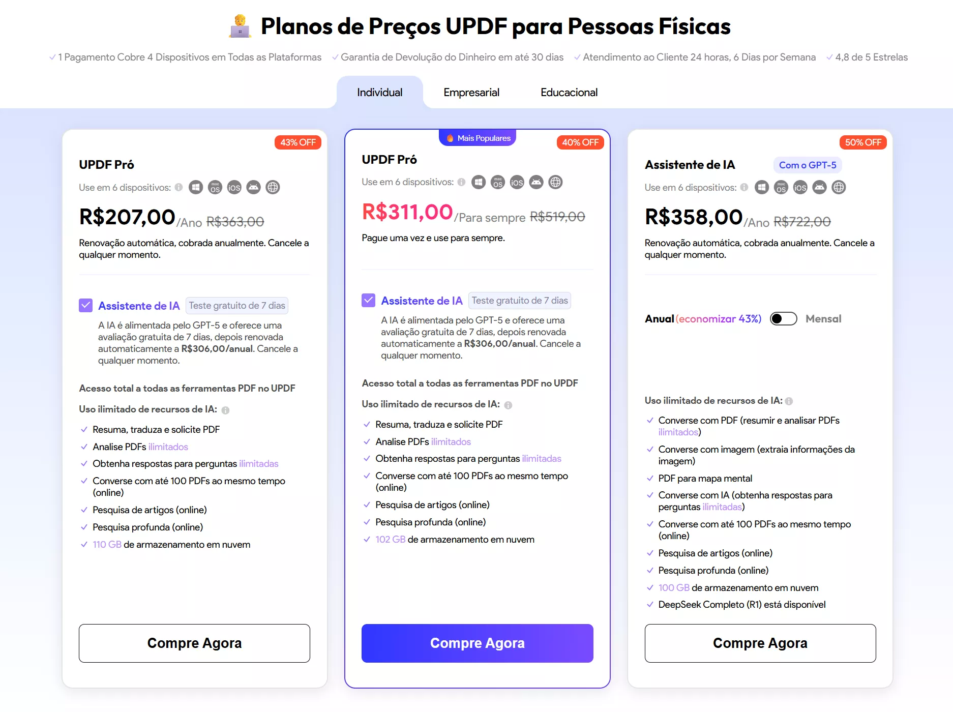 selecionar um plano de preços no updf