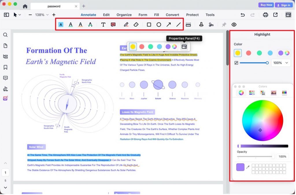 PDF Reader ProのPDF注釈とプロパティ調整画面