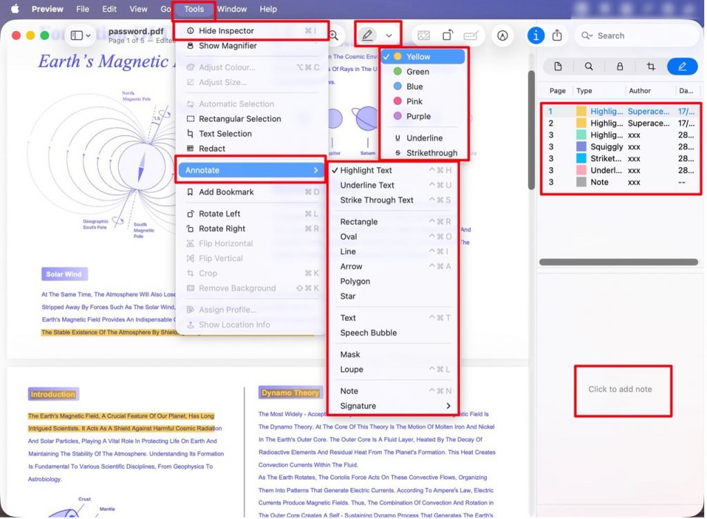 Appleプレビューの注釈ツール画面。ハイライト、下線、取り消し線、メモ、図形、Inspectorによる注釈一覧管理を確認。