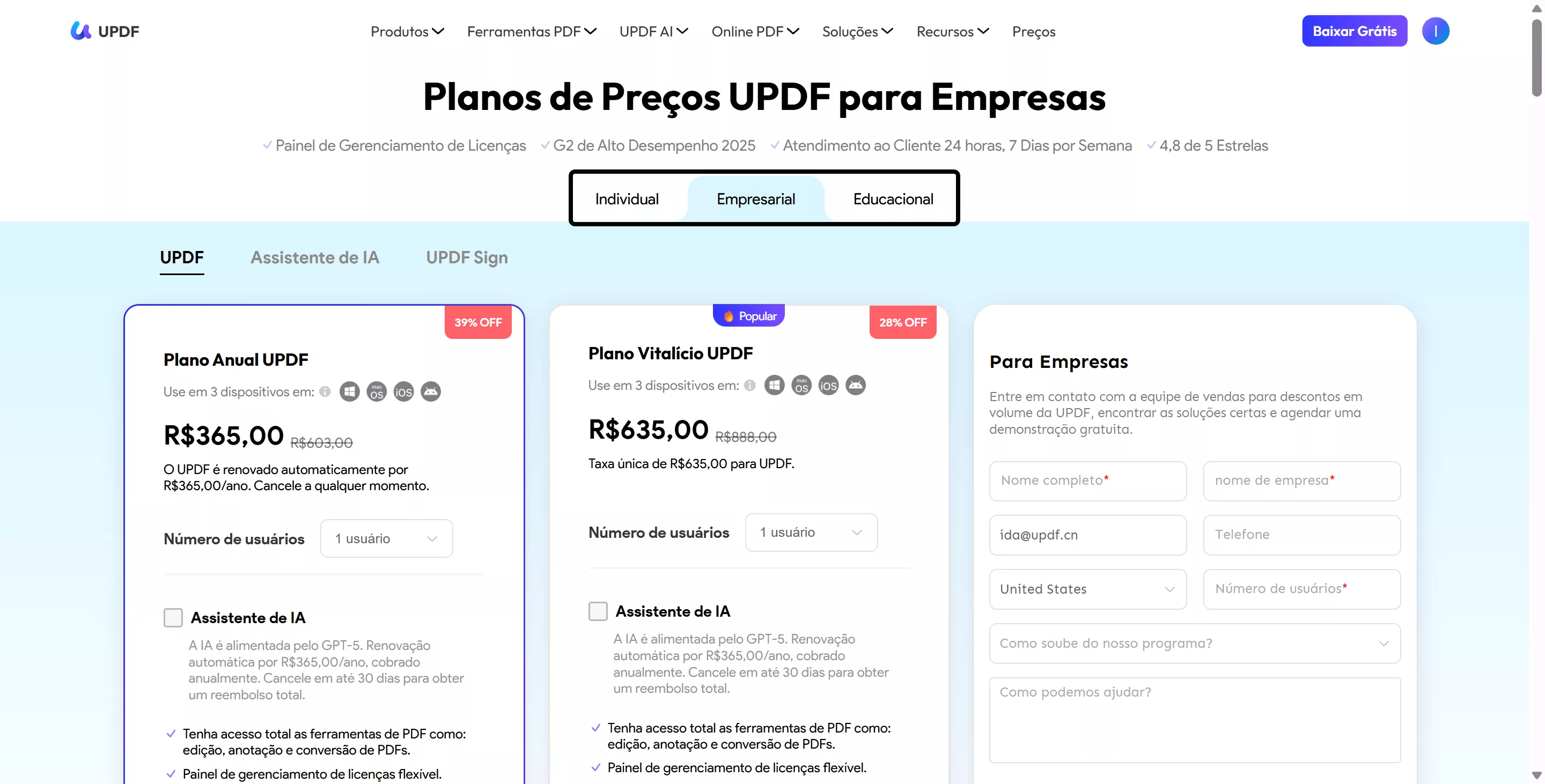 selecionar um plano de preços no updf