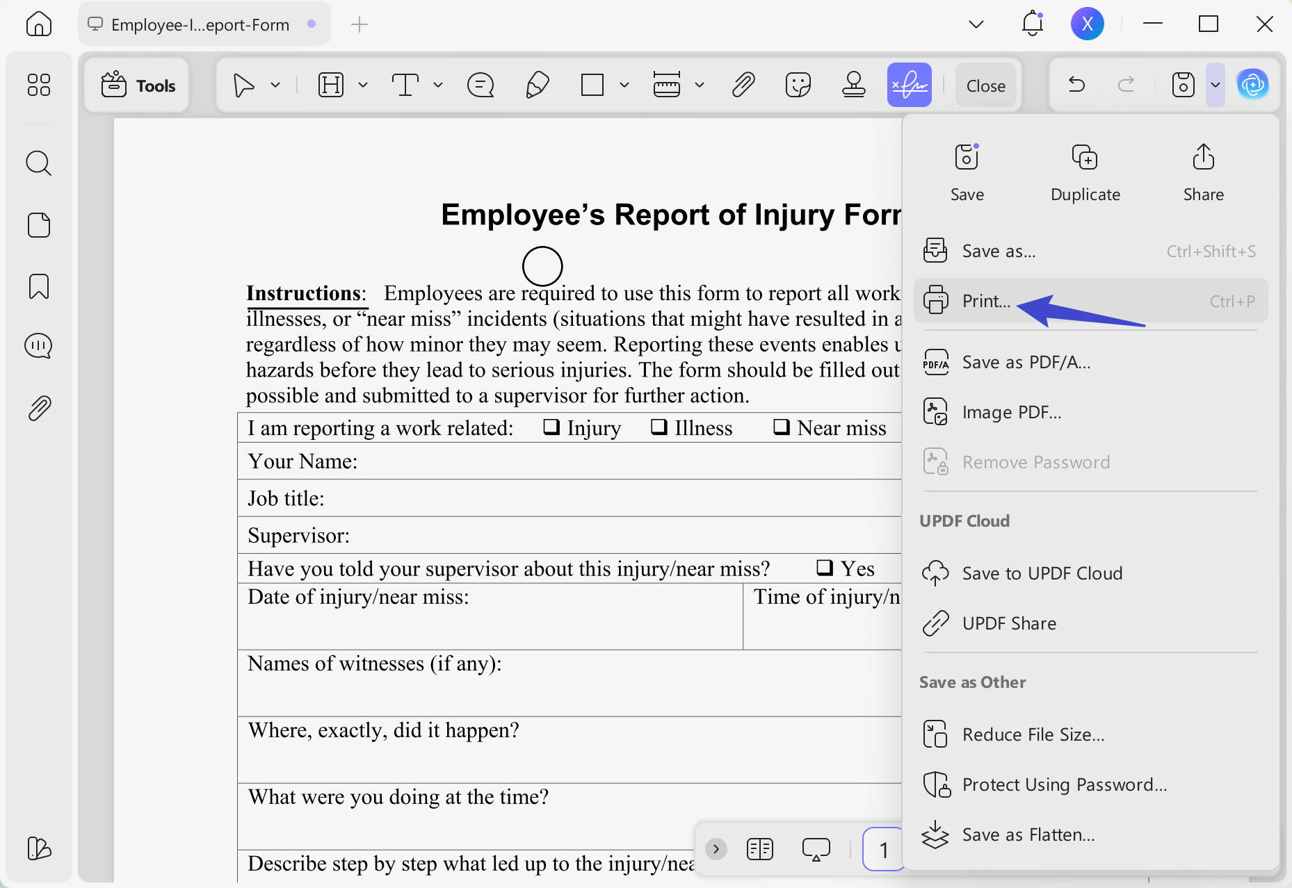 access print option