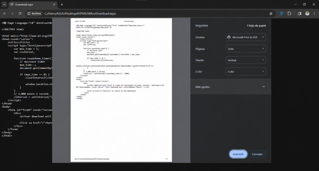 Opciones del navegador para guardar una página ASPX como PDF