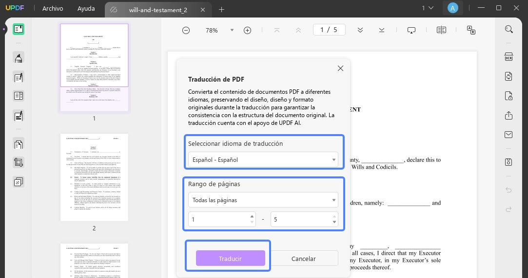testamento traducir idioma